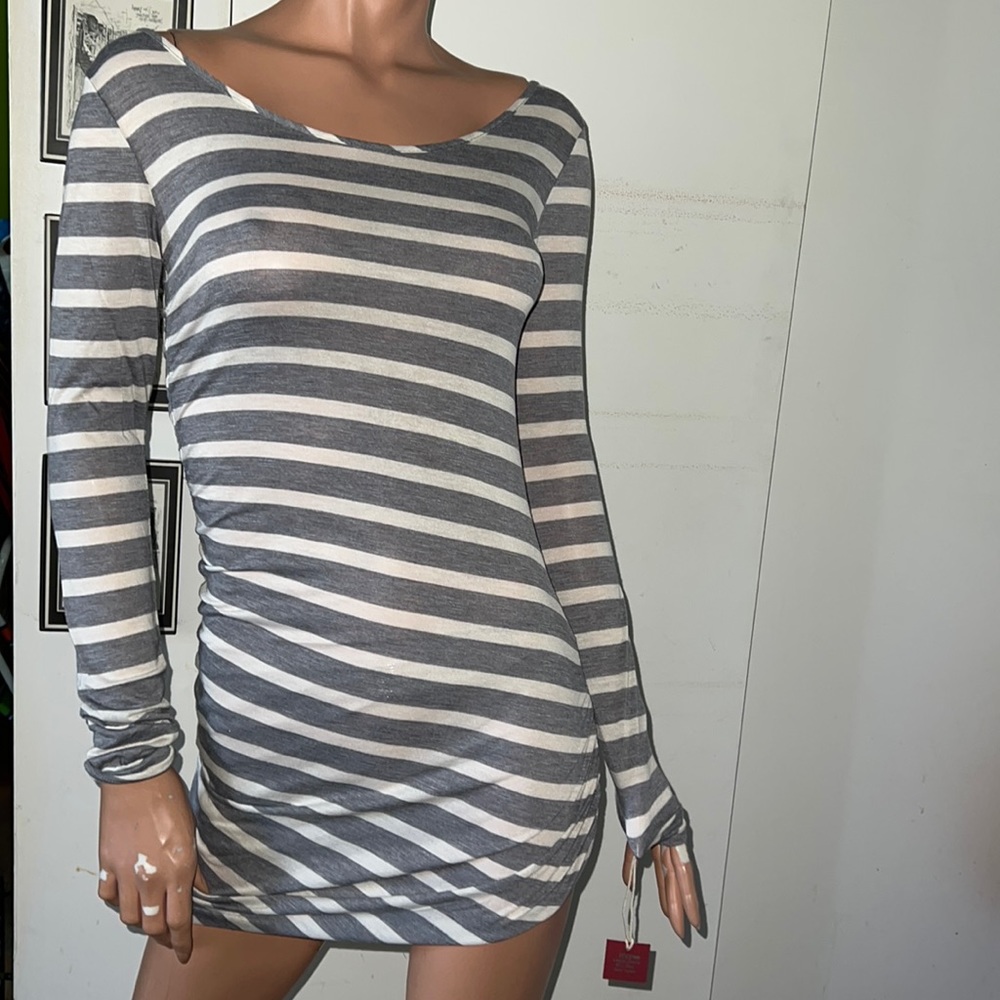 Poof! Small Gray/white striped long sleeve dress New With Tags